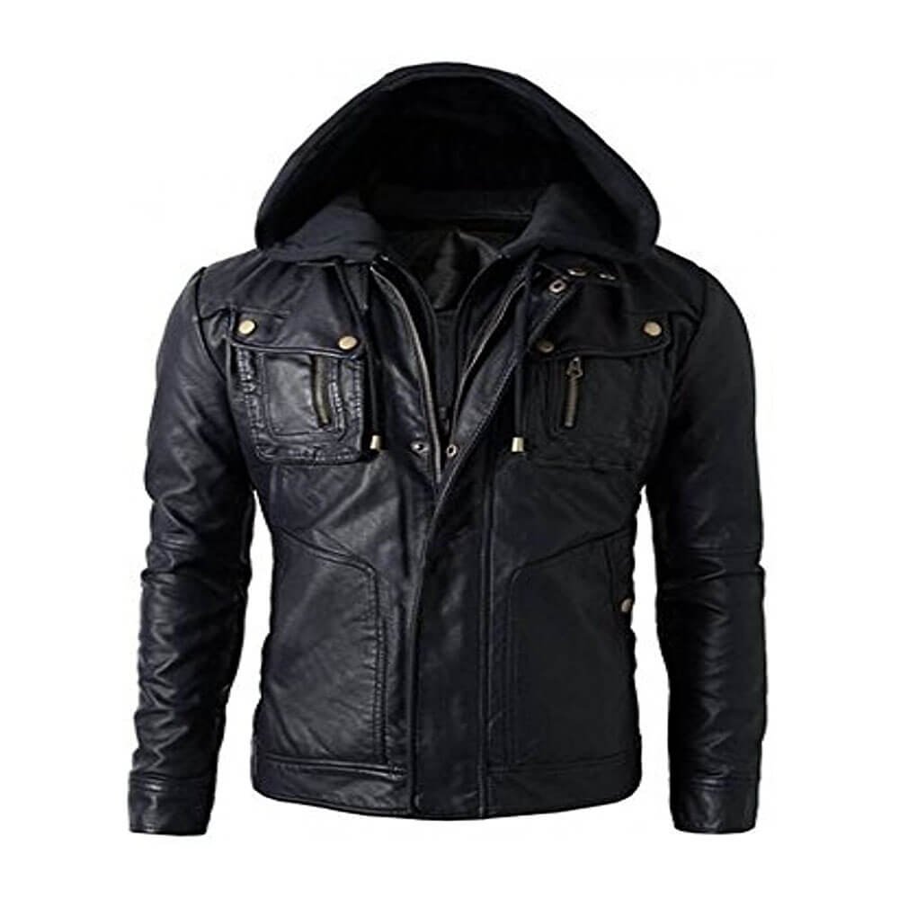 Black Hooded Jacket - Motorcycle Black Hooded Leather Jacket