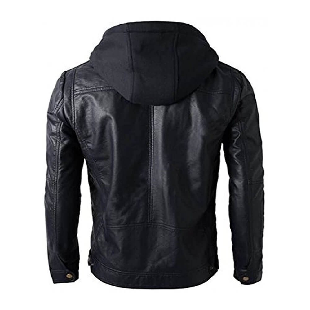 Black Hooded Jacket - Motorcycle Black Hooded Leather Jacket