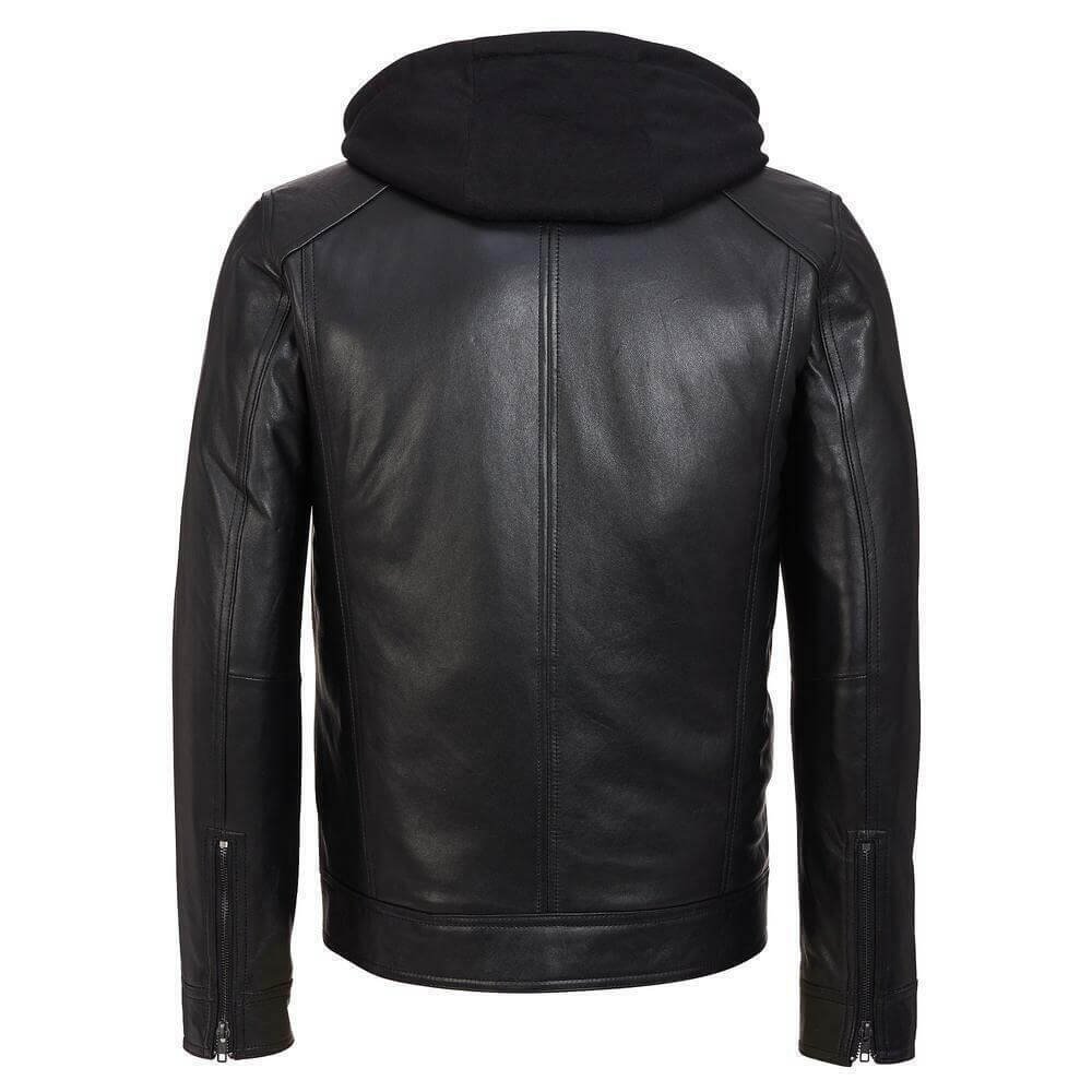 Black Leather Jacket - Black Leather With Removable Hood Jacket Men's