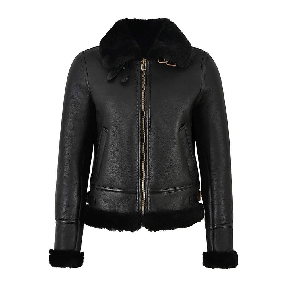 Women Black Aviator Jacket with Black Fur — Marvel Jacket